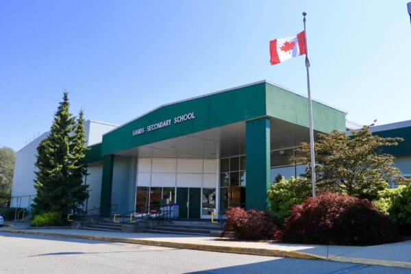 The exterior of the Sands Secondary School. Green Building with a Canadian Flag